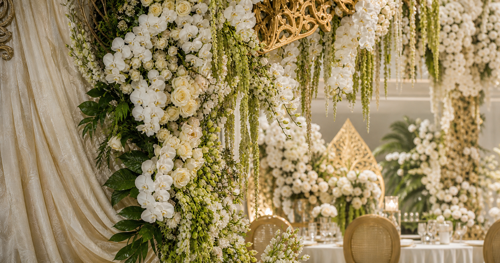 Detail dekorasi wedding dengan bunga ivory dan aksen gold
