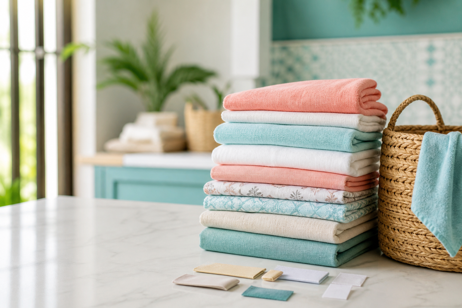 Pakaian bersih terlipat rapi di counter laundry