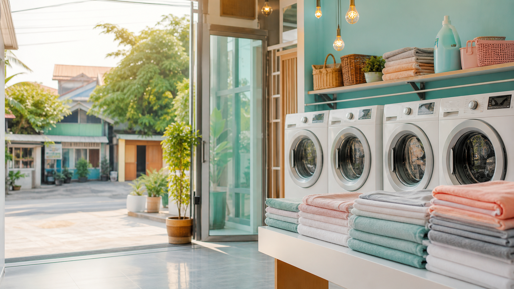 Outlet Bersih Kilat Laundry dengan mesin cuci dan pakaian terlipat