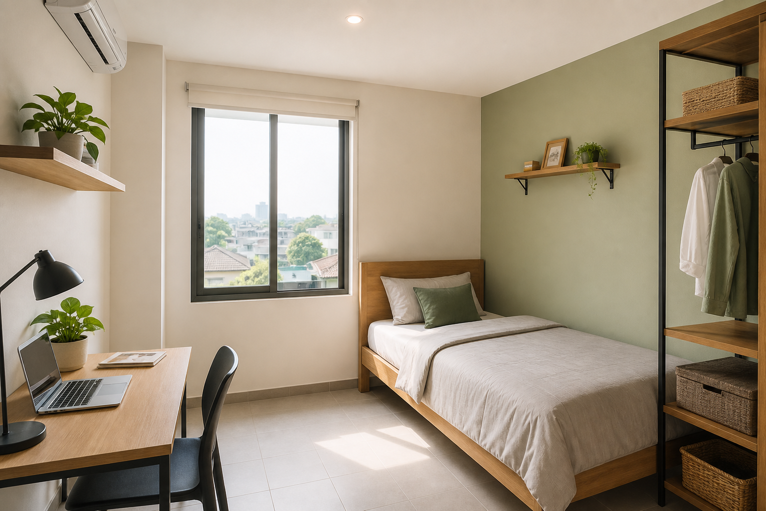 Kamar kos nyaman dengan tempat tidur dan meja kerja