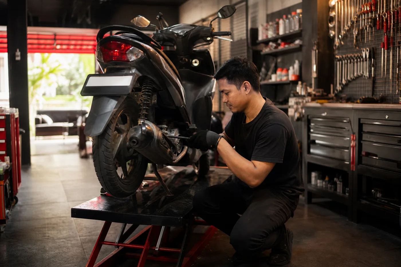Bengkel motor bersih dengan motor sedang diservis